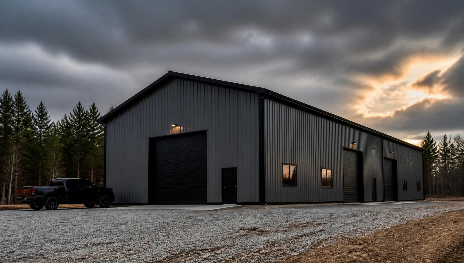 Custom charcoal steel building on a gravel lot in rural Virginia